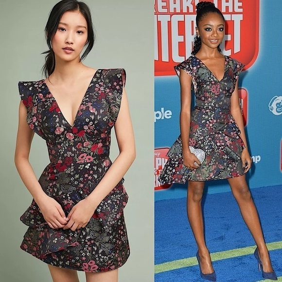 MONIQUE LHUILLIER Floral Embroidered Flutter Sleeve Tiered Ruffle Mini Dress 16 - Picture 1 of 10